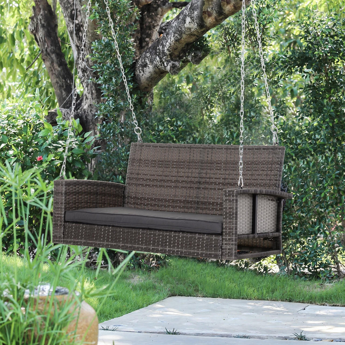 FastFurnishings Grey Tones Wicker Porch Swing 7ft Hanging Chain with Dark Grey Padded Cushion