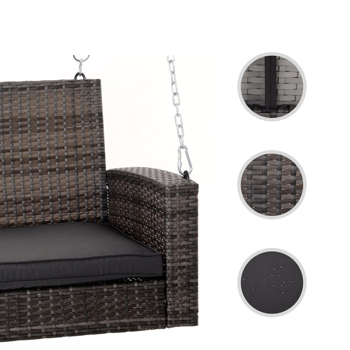 FastFurnishings Grey Tones Wicker Porch Swing 7ft Hanging Chain with Dark Grey Padded Cushion