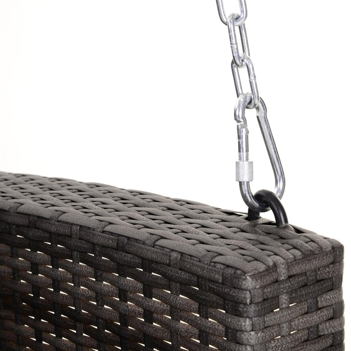 FastFurnishings Grey Tones Wicker Porch Swing 7ft Hanging Chain with Dark Grey Padded Cushion