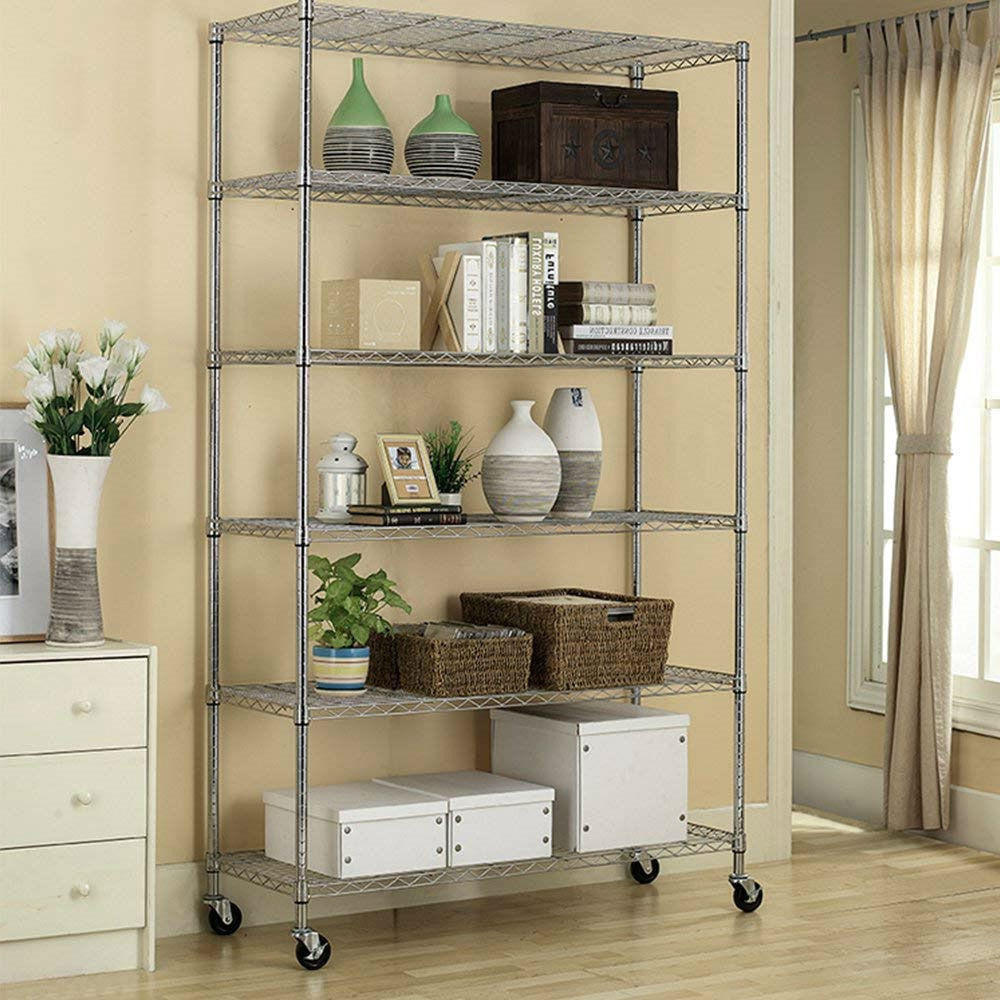 FastFurnishings Heavy Duty 6-Shelf Metal Storage Rack Shelving Unit with Casters