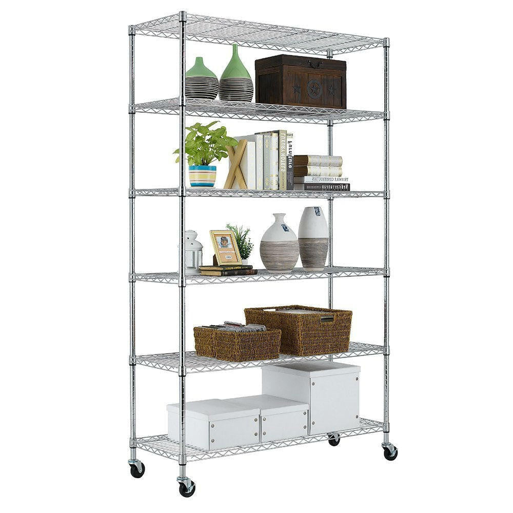 FastFurnishings Heavy Duty 6-Shelf Metal Storage Rack Shelving Unit with Casters