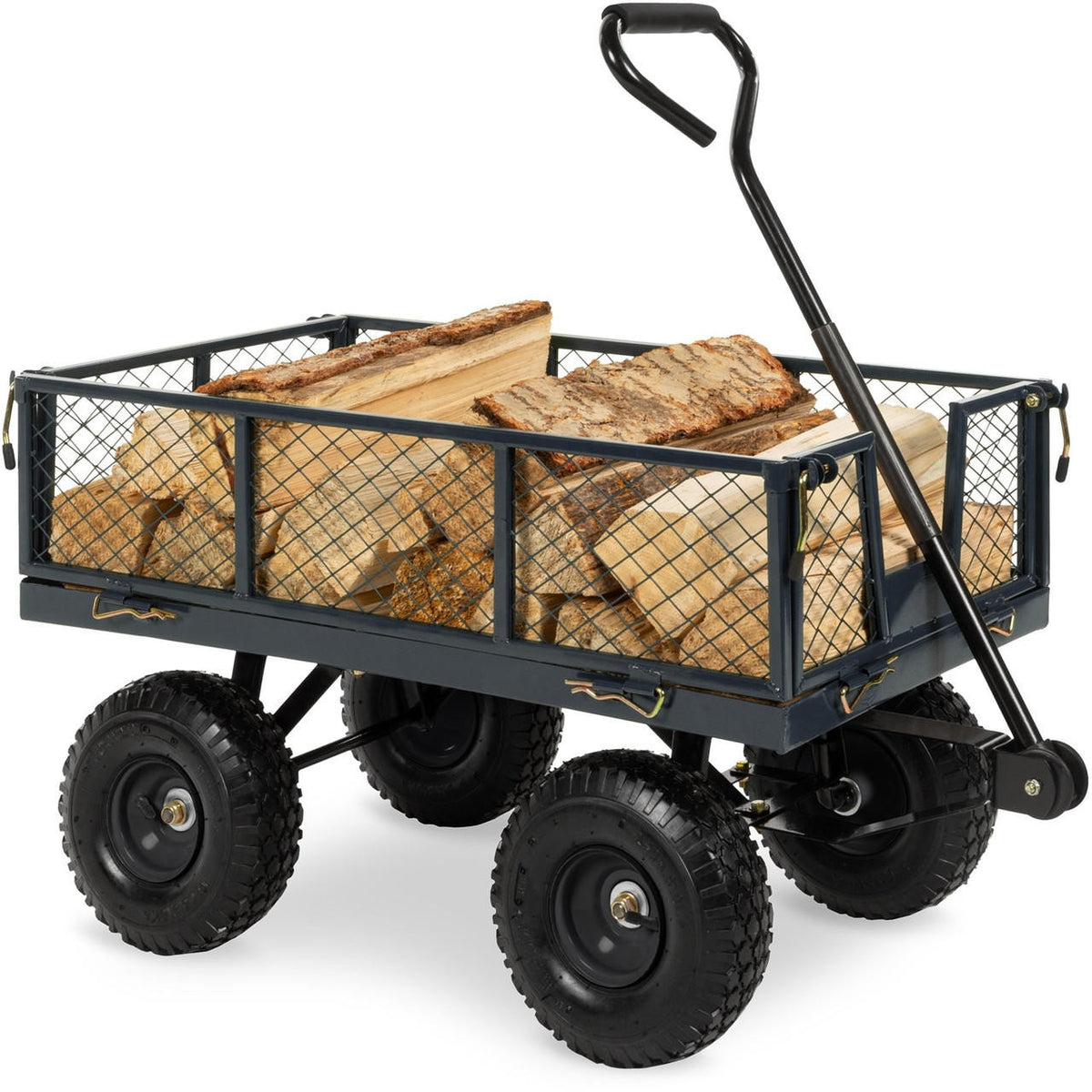 FastFurnishings Heavy Duty Grey Steel Garden Utility Cart Wagon with Removable Sides