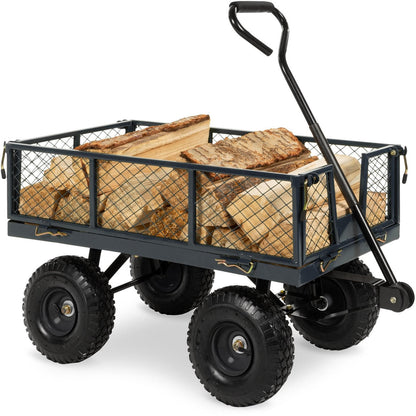 FastFurnishings Heavy Duty Grey Steel Garden Utility Cart Wagon with Removable Sides