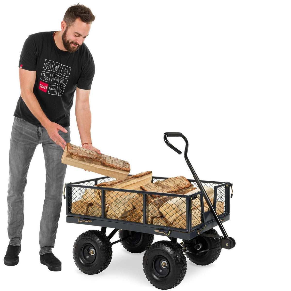 FastFurnishings Heavy Duty Grey Steel Garden Utility Cart Wagon with Removable Sides