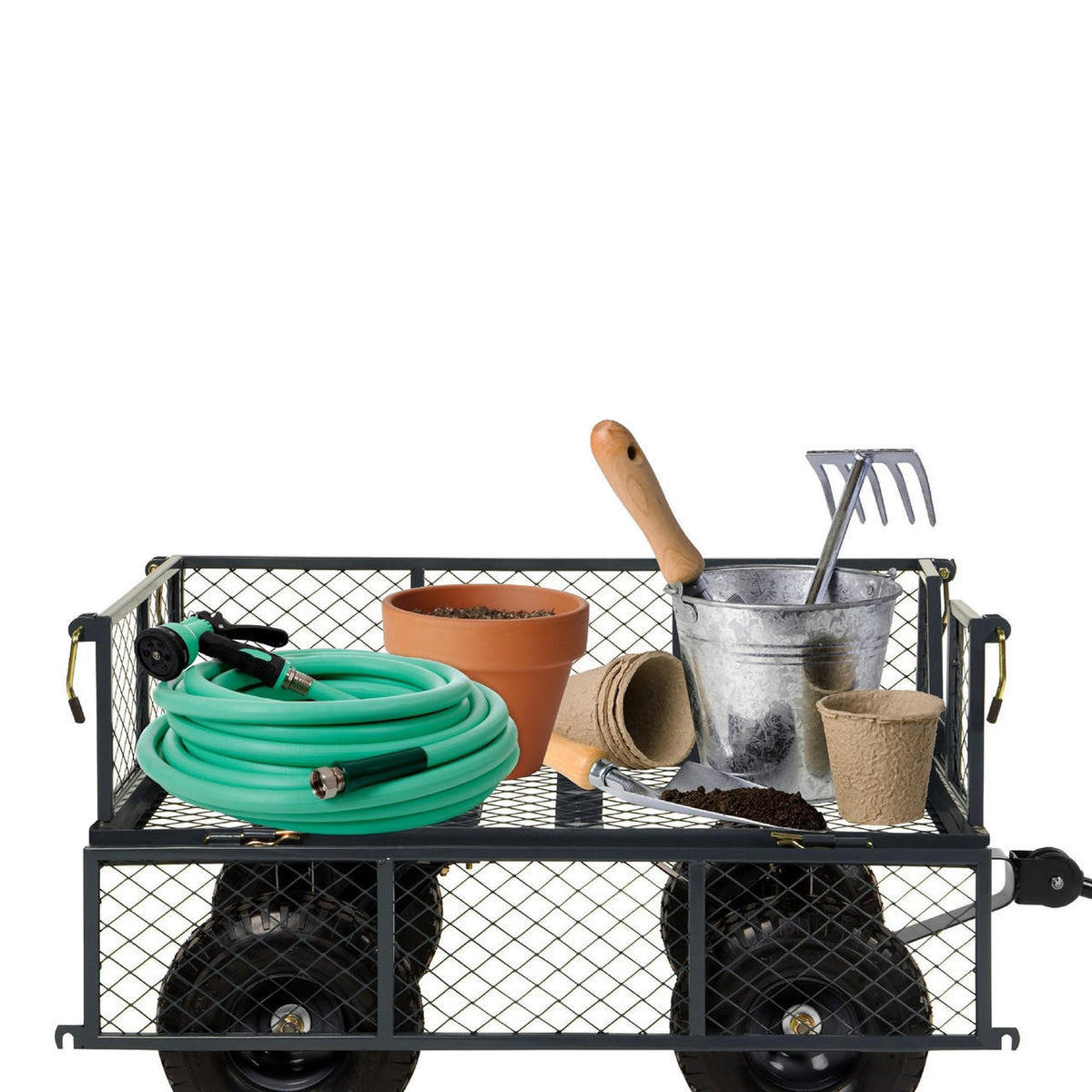 FastFurnishings Heavy Duty Grey Steel Garden Utility Cart Wagon with Removable Sides