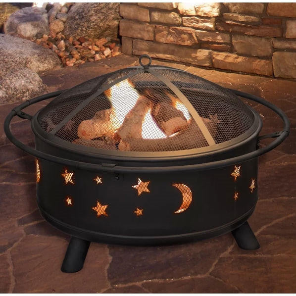 FastFurnishings Heavy Duty Steel Metal Wood Burning Fire Pit with Moon and Stars Cutouts
