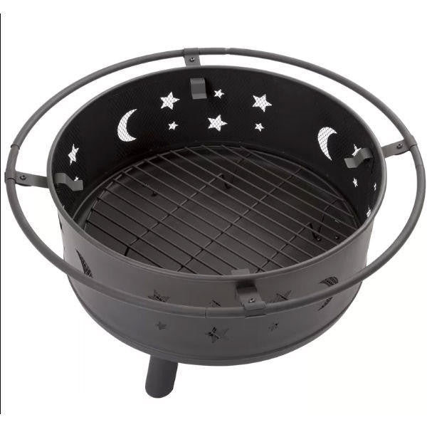 FastFurnishings Heavy Duty Steel Metal Wood Burning Fire Pit with Moon and Stars Cutouts