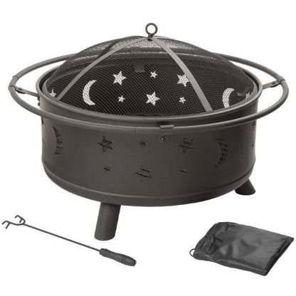 FastFurnishings Heavy Duty Steel Metal Wood Burning Fire Pit with Moon and Stars Cutouts