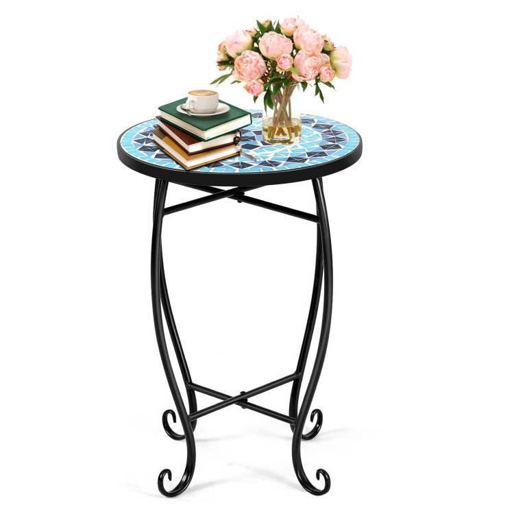 FastFurnishings Indoor/Outdoor Blue Mosaic Round Side Accent Table Plant Stand