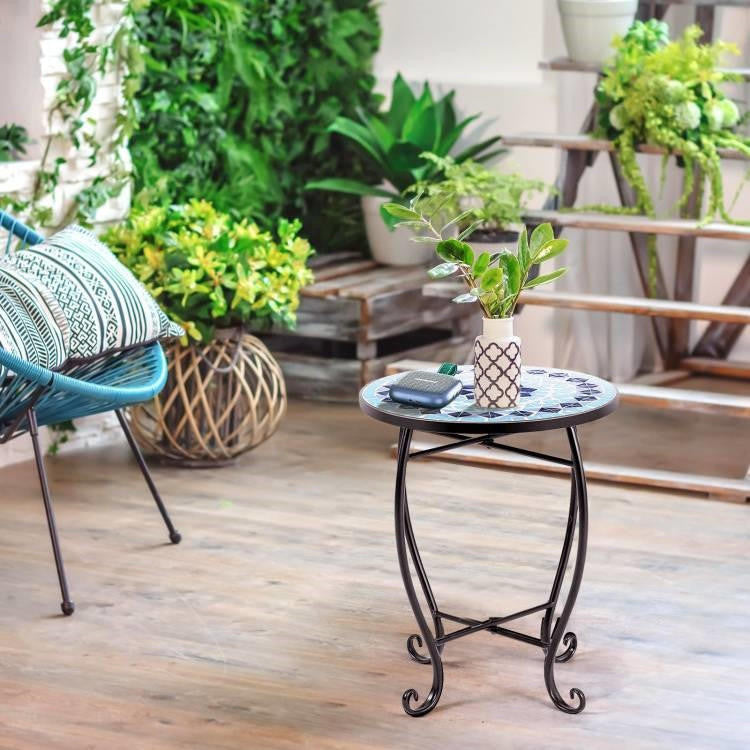 FastFurnishings Indoor/Outdoor Blue Mosaic Round Side Accent Table Plant Stand