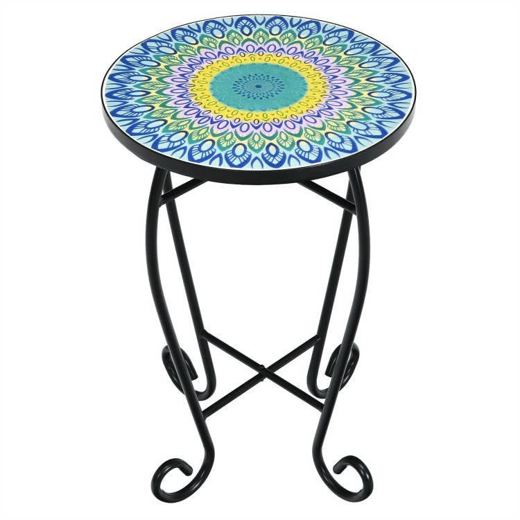 FastFurnishings Indoor/Outdoor Blue Yellow Green Mosaic Round Side Accent Table Plant Stand