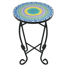 FastFurnishings Indoor/Outdoor Blue Yellow Green Mosaic Round Side Accent Table Plant Stand