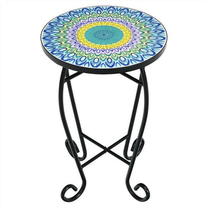 FastFurnishings Indoor/Outdoor Blue Yellow Green Mosaic Round Side Accent Table Plant Stand