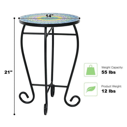 FastFurnishings Indoor/Outdoor Blue Yellow Green Mosaic Round Side Accent Table Plant Stand