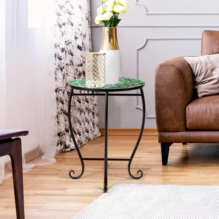 FastFurnishings Indoor/Outdoor Green Mosaic Round Side Accent Table Plant Stand