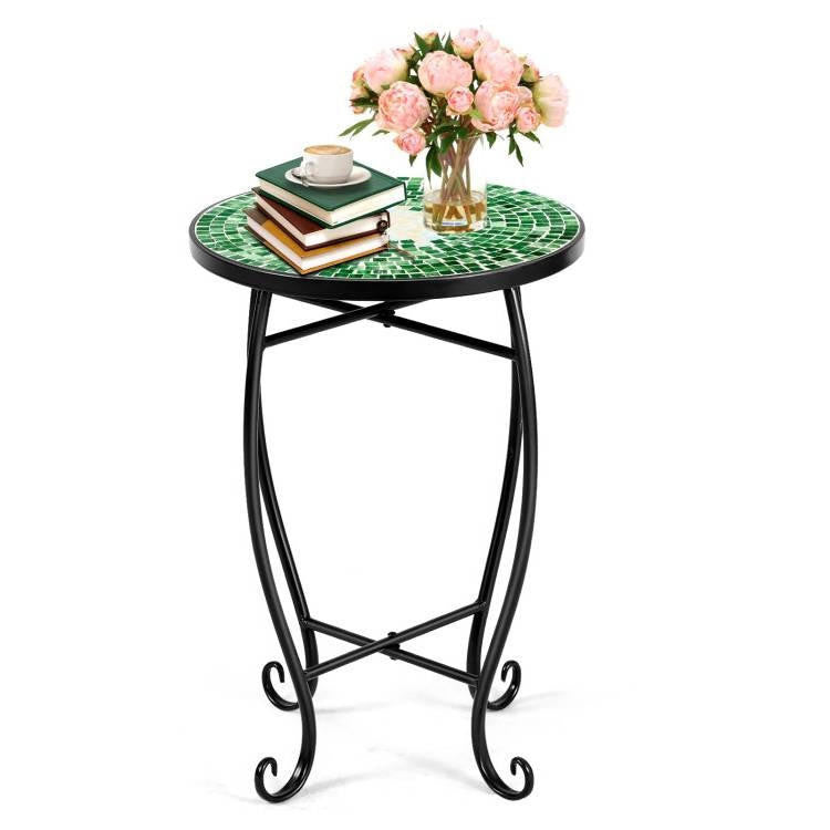 FastFurnishings Indoor/Outdoor Green Mosaic Round Side Accent Table Plant Stand