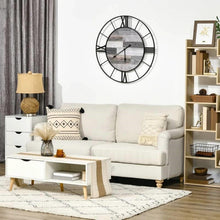 FastFurnishings Large 32-inch Roman Numeral Wall Clock Black Metal with Grey Wood Interior