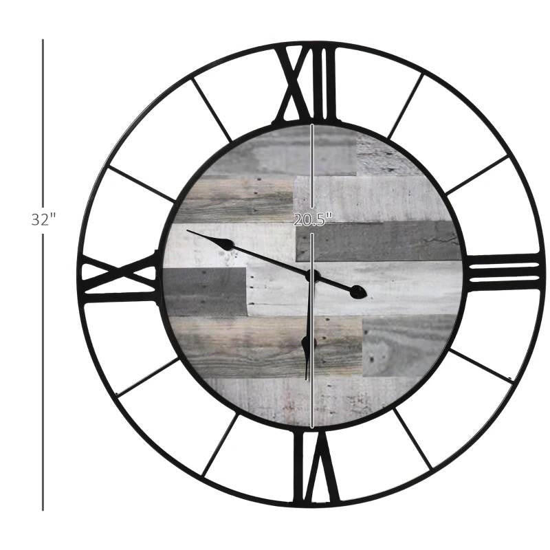 FastFurnishings Large 32-inch Roman Numeral Wall Clock Black Metal with Grey Wood Interior