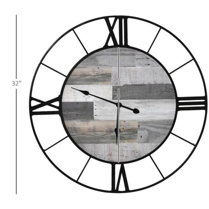 FastFurnishings Large 32-inch Roman Numeral Wall Clock Black Metal with Grey Wood Interior