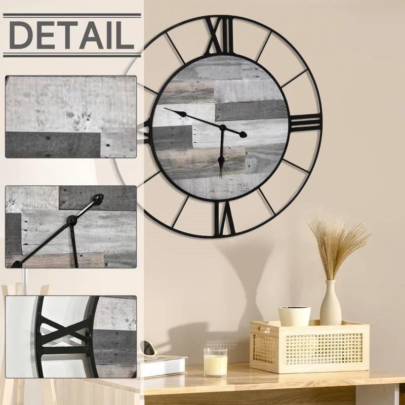 FastFurnishings Large 32-inch Roman Numeral Wall Clock Black Metal with Grey Wood Interior