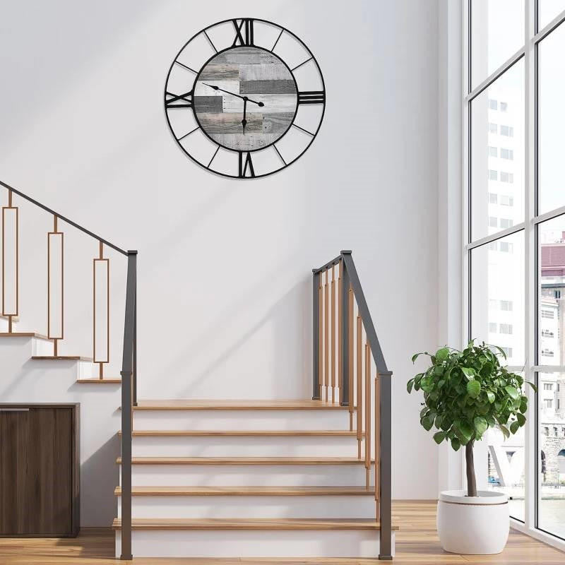 FastFurnishings Large 32-inch Roman Numeral Wall Clock Black Metal with Grey Wood Interior