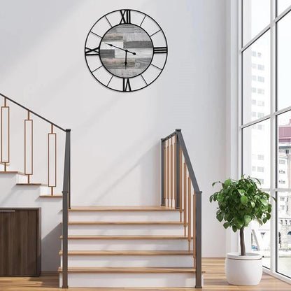 FastFurnishings Large 32-inch Roman Numeral Wall Clock Black Metal with Grey Wood Interior