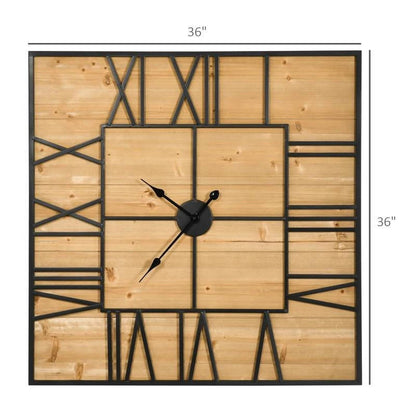 FastFurnishings Large 36-inch Square Roman Numerals Wall Clock Wood Farmhouse Silent Non-Ticking