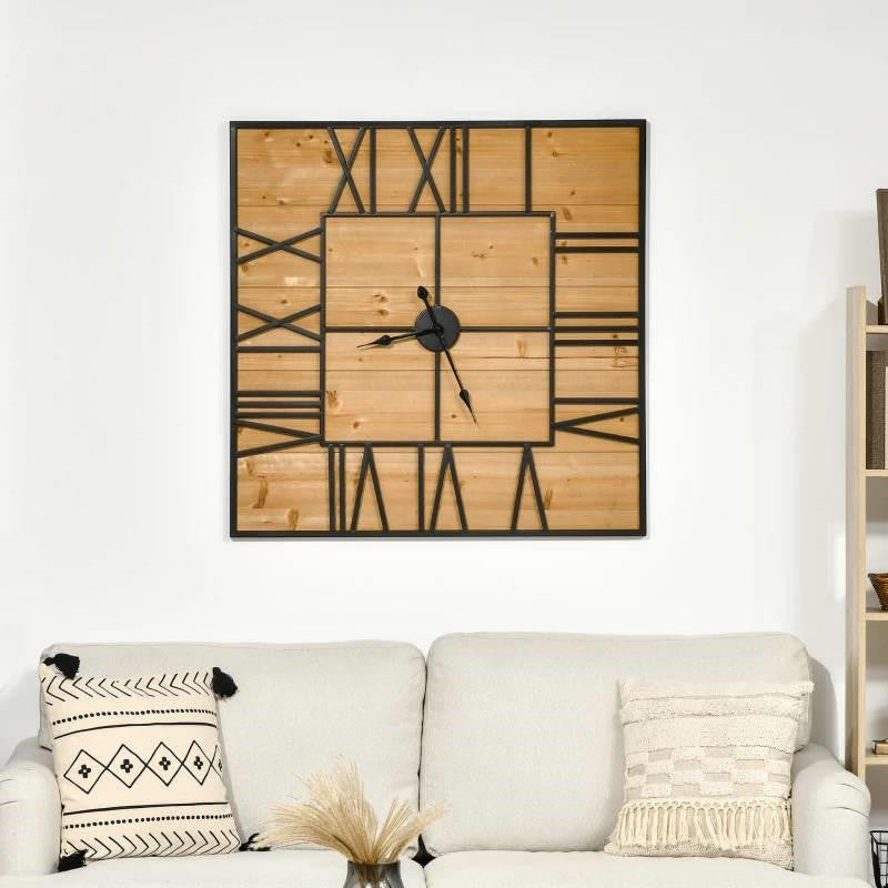 FastFurnishings Large 36-inch Square Roman Numerals Wall Clock Wood Farmhouse Silent Non-Ticking