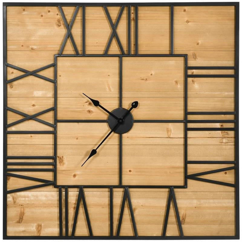 FastFurnishings Large 36-inch Square Roman Numerals Wall Clock Wood Farmhouse Silent Non-Ticking