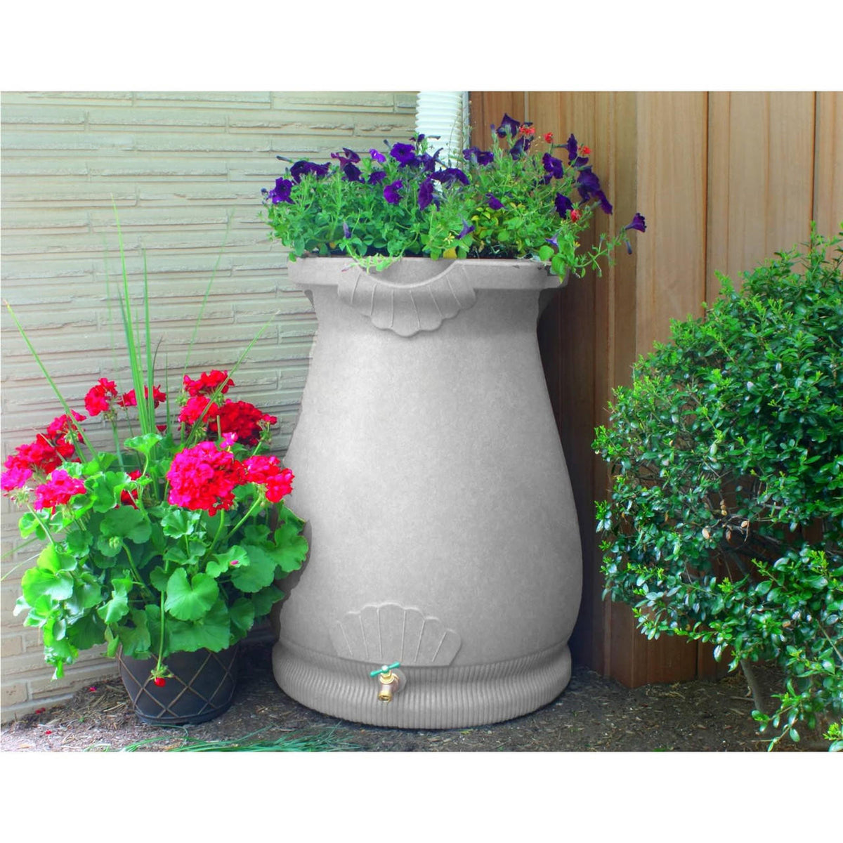 FastFurnishings Light Grey Granite 65 Gallon Plastic Urn Rain Barrel with Planter Top