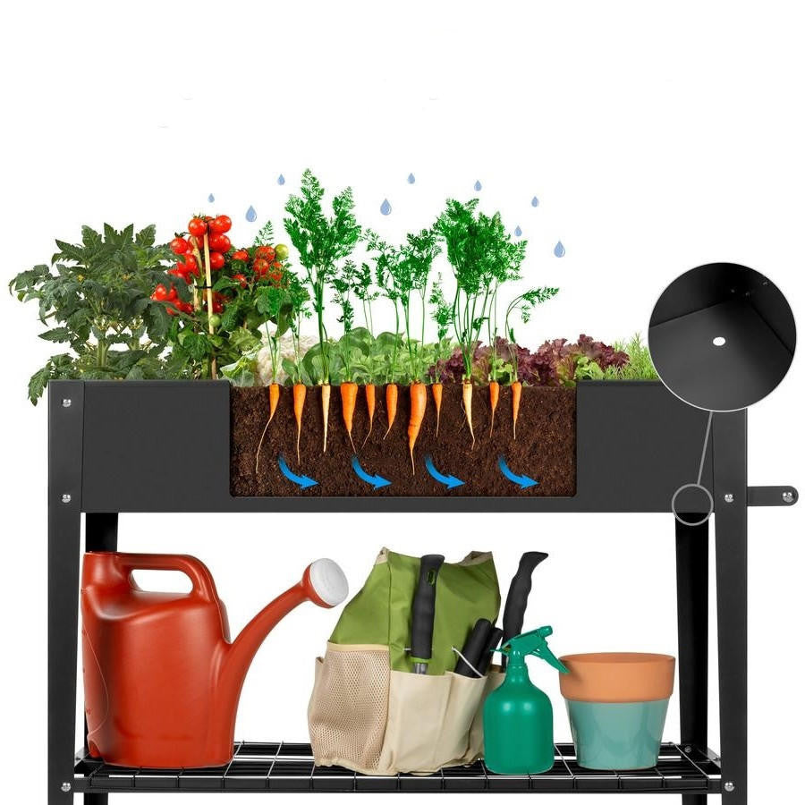 FastFurnishings Mobile Black Metal Garden Potting Bench with Push Handle Wheels