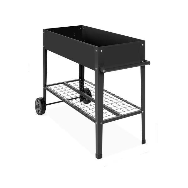FastFurnishings Mobile Black Metal Garden Potting Bench with Push Handle Wheels