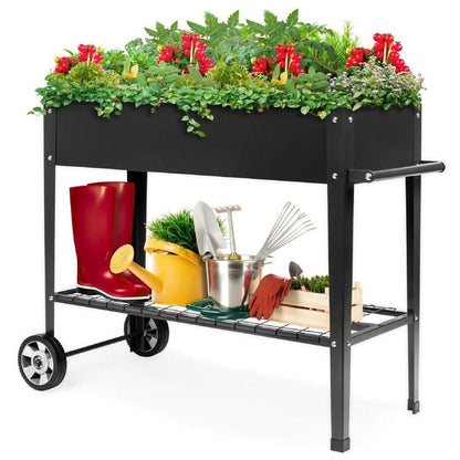FastFurnishings Mobile Black Metal Garden Potting Bench with Push Handle Wheels