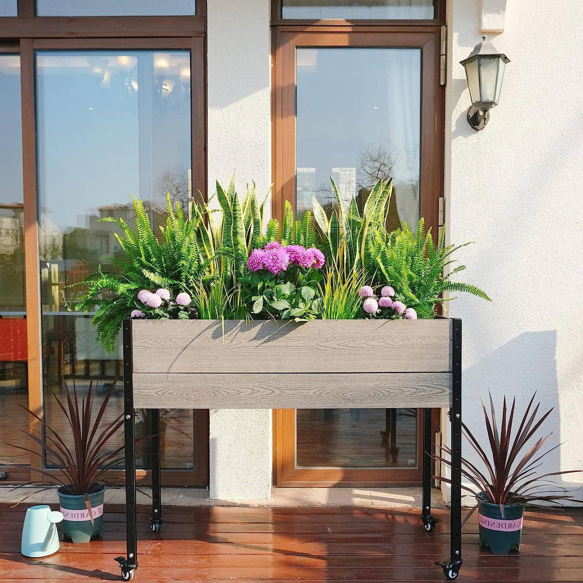 FastFurnishings Mobile Elevated Gray and Black Wood Metal Raised Garden Planter Bed with Wheels