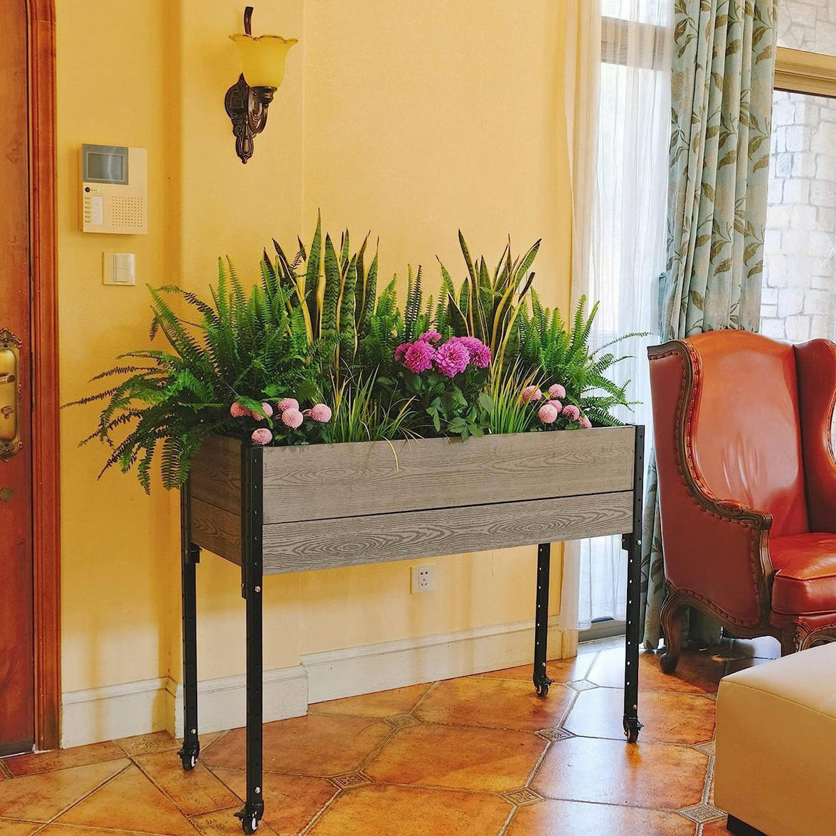 FastFurnishings Mobile Elevated Gray and Black Wood Metal Raised Garden Planter Bed with Wheels
