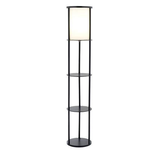 FastFurnishings Modern Asian Style Round Shelf Floor Lamp in Black with White Shade