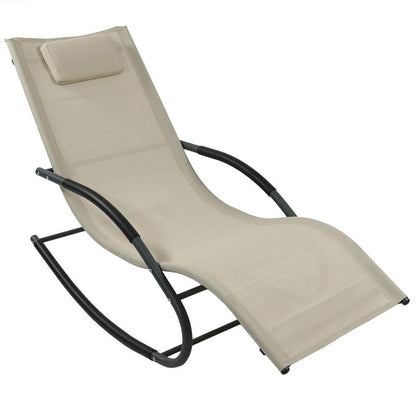FastFurnishings Modern Beige Rocking Chaise Lounger Patio Lounge Chair with Pillow