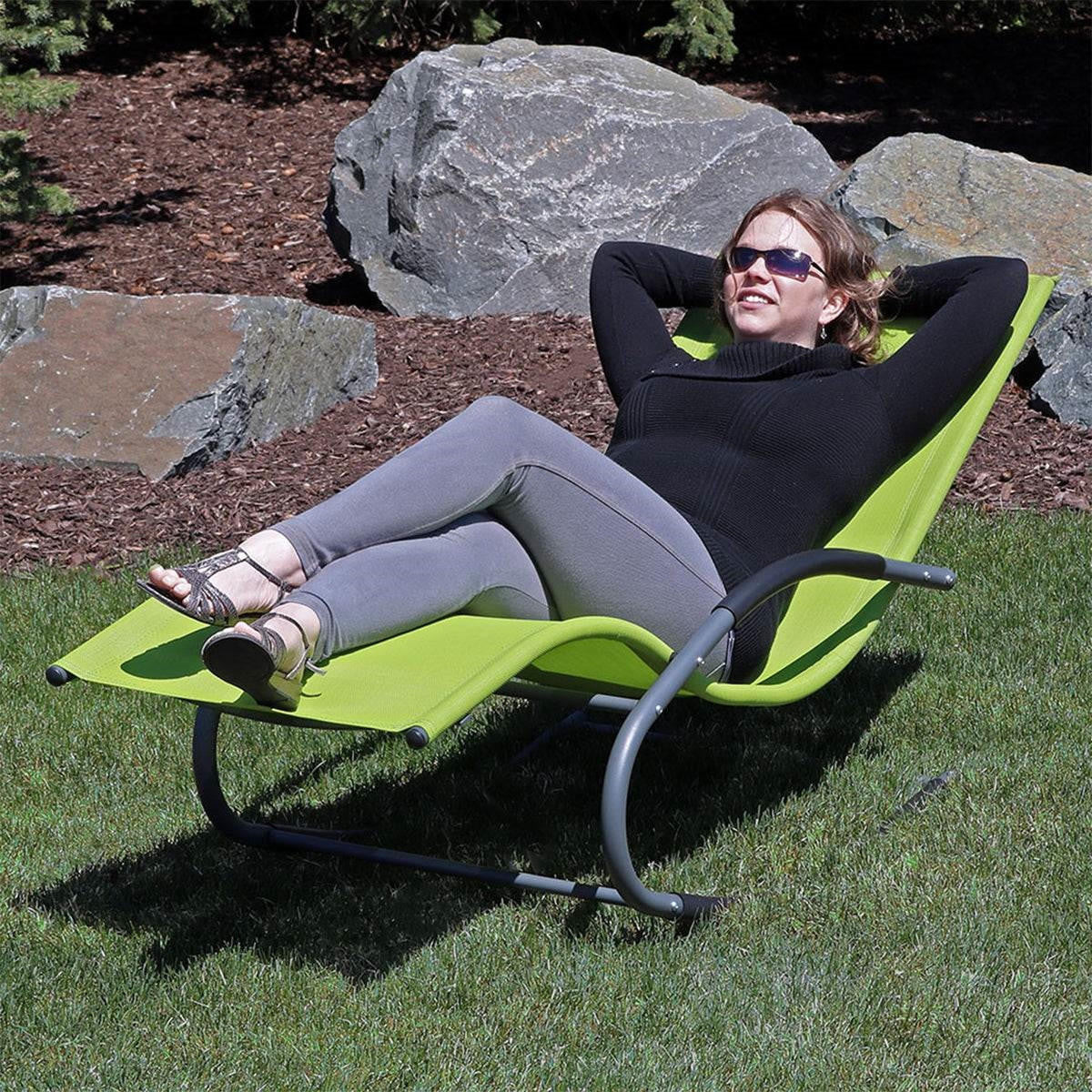 FastFurnishings Modern Green Rocking Chaise Lounge Chair Patio Lounger with Pillow