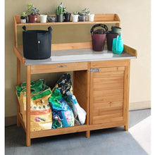 FastFurnishings Natural Fir Wood Potting Bench with Galvanized Steel Table Top