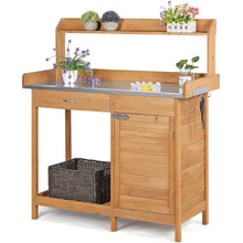 FastFurnishings Natural Fir Wood Potting Bench with Galvanized Steel Table Top