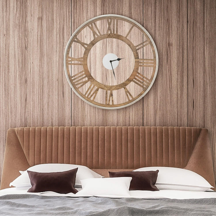 FastFurnishings Natural Wood 16-inch Classic Farmhouse Roman Numerals Wall Clock