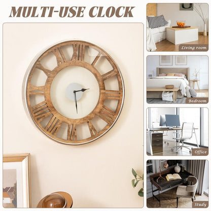 FastFurnishings Natural Wood 16-inch Classic Farmhouse Roman Numerals Wall Clock