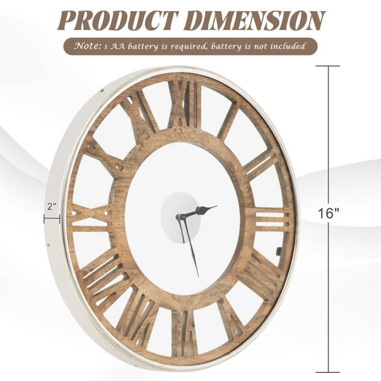 FastFurnishings Natural Wood 16-inch Classic Farmhouse Roman Numerals Wall Clock