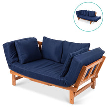 FastFurnishings Navy Blue Outdoor Acacia Wood Convertible Sofa Futon with 4 Removable Pillows