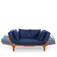 FastFurnishings Navy Blue Outdoor Acacia Wood Convertible Sofa Futon with 4 Removable Pillows