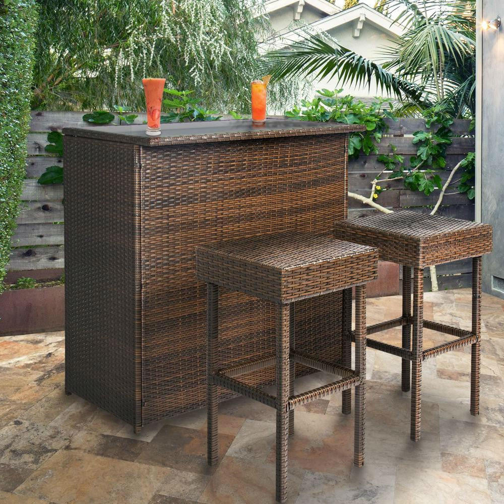 FastFurnishings Outdoor 3-Piece PE Wicker Bar Set with Table and Stools