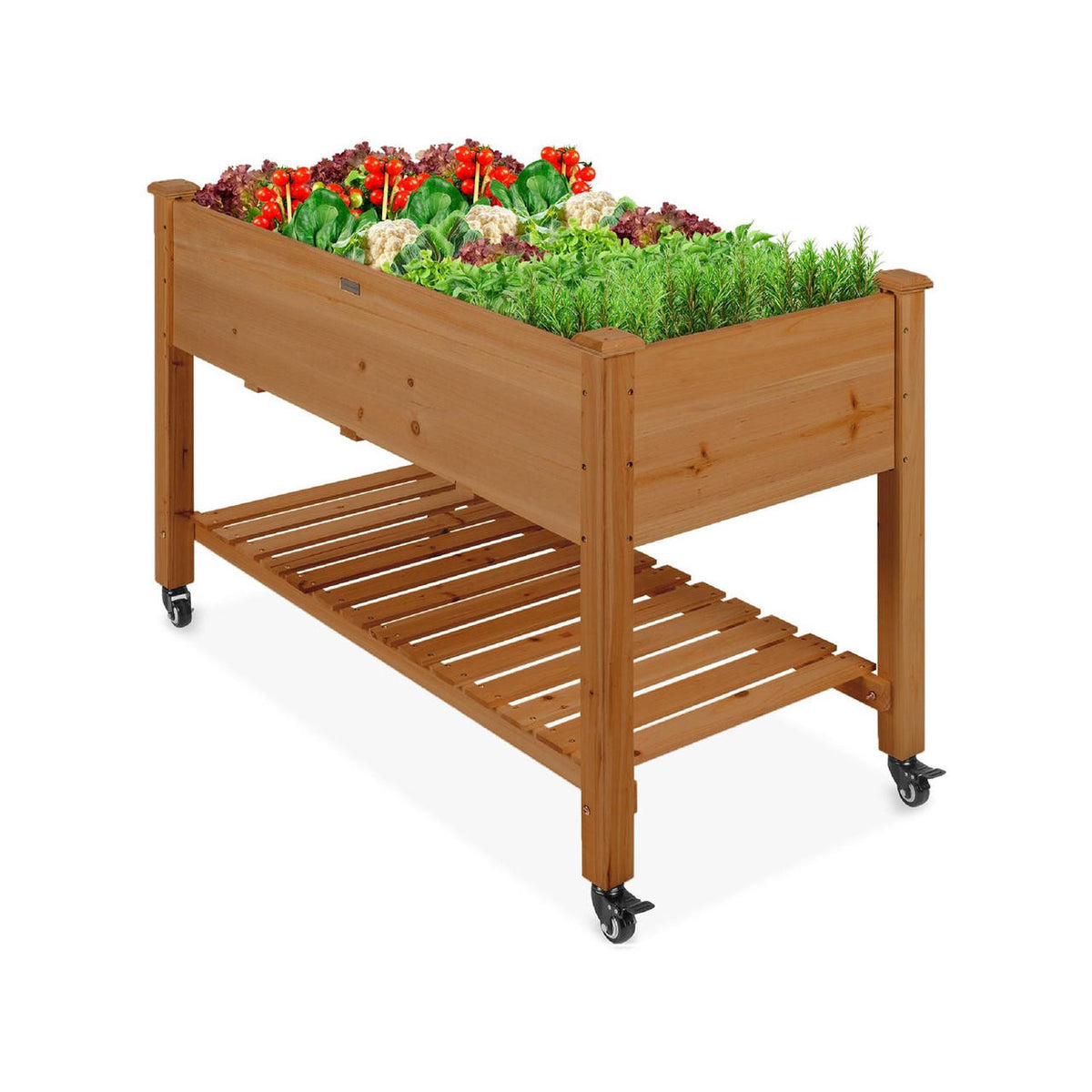 FastFurnishings Outdoor Brown Wood Raised Garden Bed Planter Box with Shelf and Locking Wheels