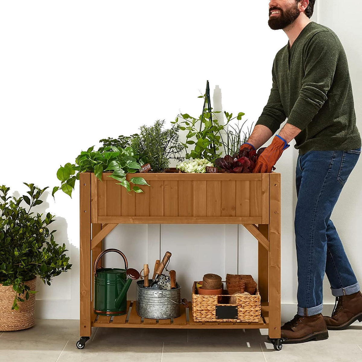 FastFurnishings Outdoor Elevated Raised Garden Bed Planter Box with Locking Wheels