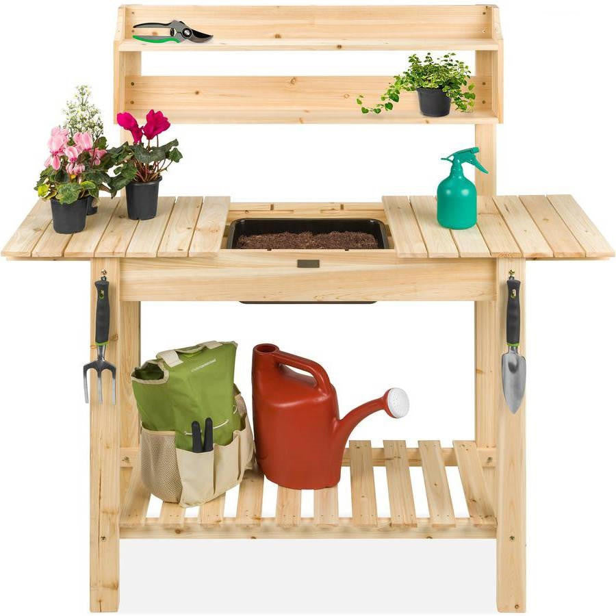 FastFurnishings Outdoor Garden Wood Potting Bench Expandable Top with Food Grade Plastic Sink
