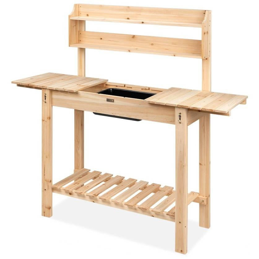 FastFurnishings Outdoor Garden Wood Potting Bench Expandable Top with Food Grade Plastic Sink
